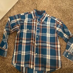 Blue plaid with brown and white stripes pearl snap snap button down. Long sleeve